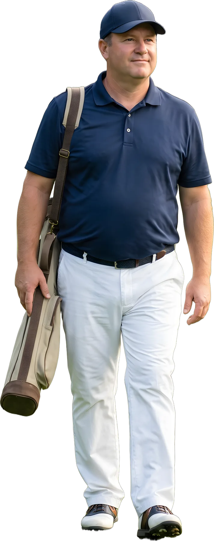 Man walking a fairway with a golf bag on his shoulder